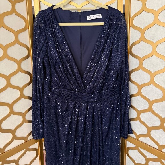 Ieena For Mac Duggal Size 16 Navy Sequin Long Sleeve Cocktail Faux Wrap Dress - Picture 5 of 16